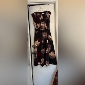NWT Calvin Klein Black and Brown Floral Midi Dress, size 10.